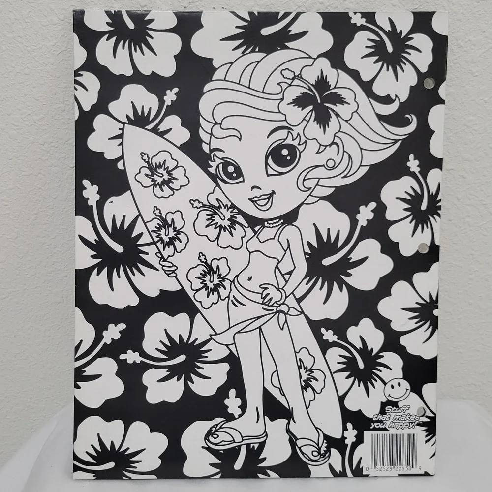 Lisa Frank Surfer Girl Fuzzy 2 Pocket Folder Hibiscus Vintage Y2K Black White
